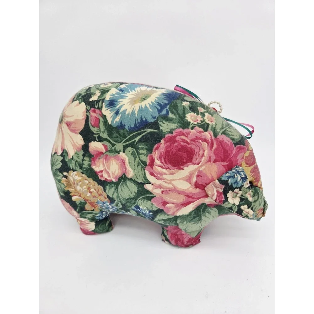 Vintage Handmade Floral Stuffed Pig Piggy Figural Flower‎ 90s Pillow Bow Stands!